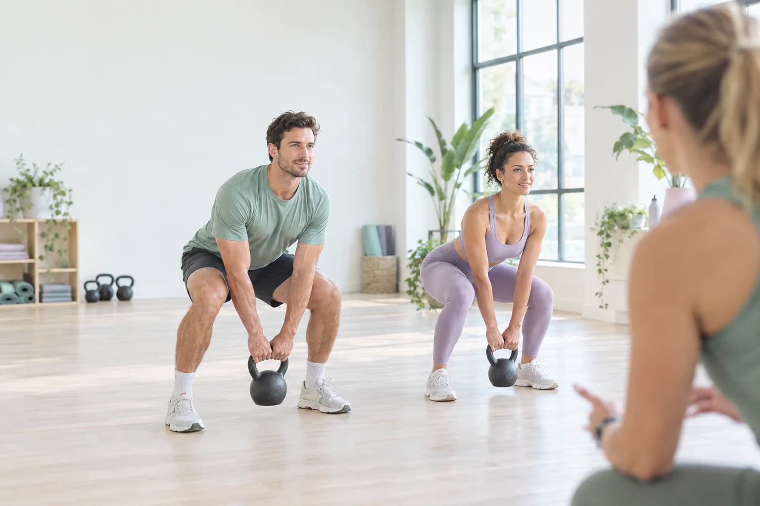 Two people training with kettlebells in a bright boutique fitness studio with pale wood floors and a coach looking on