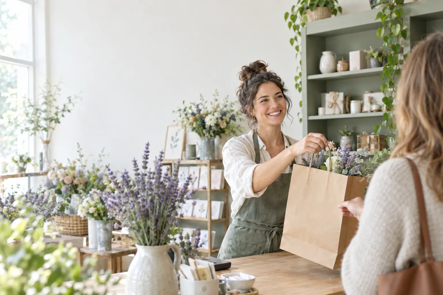 A shop owner handing a paper bag of flowers to a customer across the counter of a light-filled independent store