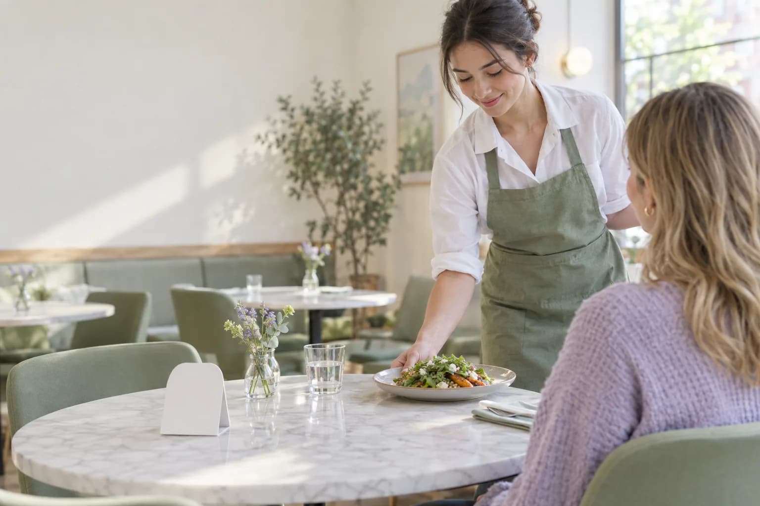 A server placing a plate on a marble table in a bright independent restaurant, with a small white tabletop card in the foreground