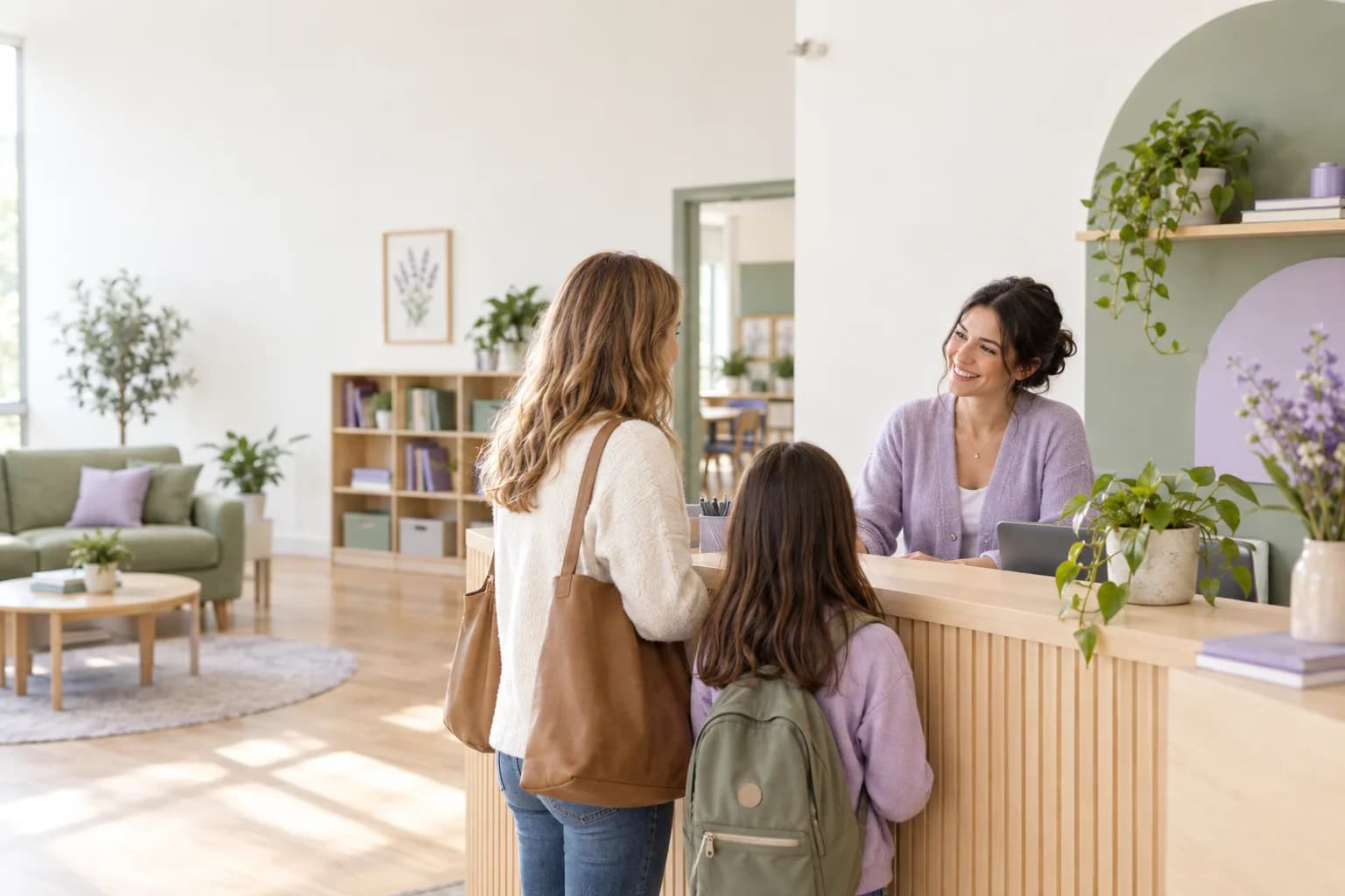 A teacher greeting a parent and child at the light wood reception desk of a bright school lobby