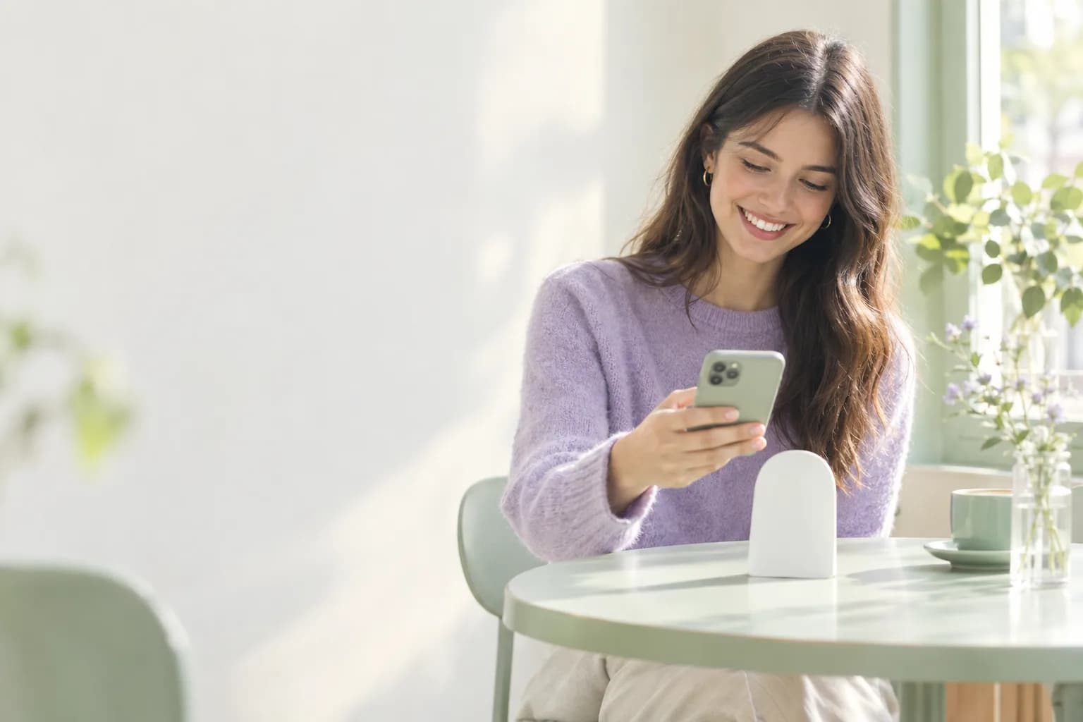 A customer scanning a tabletop QR card with their phone at the counter of a bright café, the reward screen showing on the device