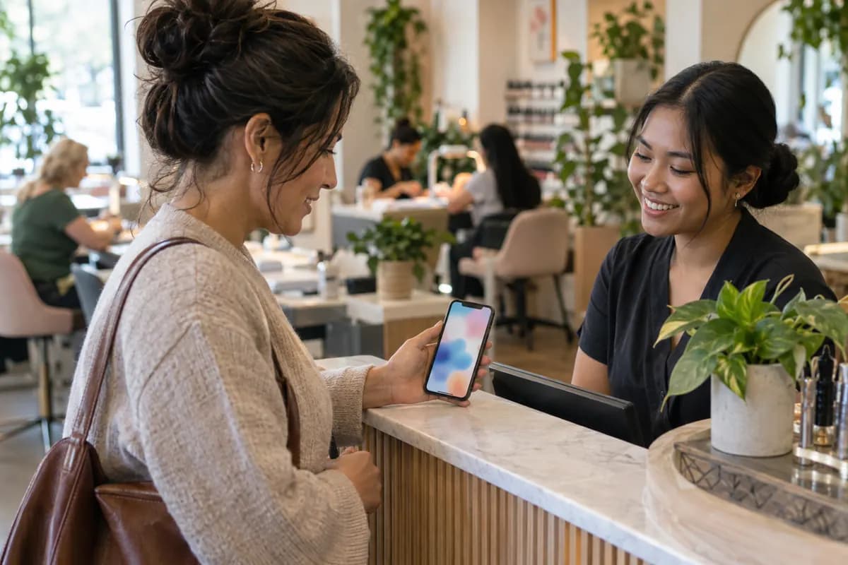 A client books her next visit with the receptionist at a nail and beauty salon
