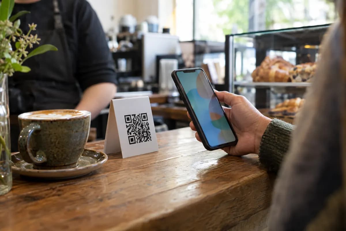 A customer holds her phone beside a printed QR table card on a café counter