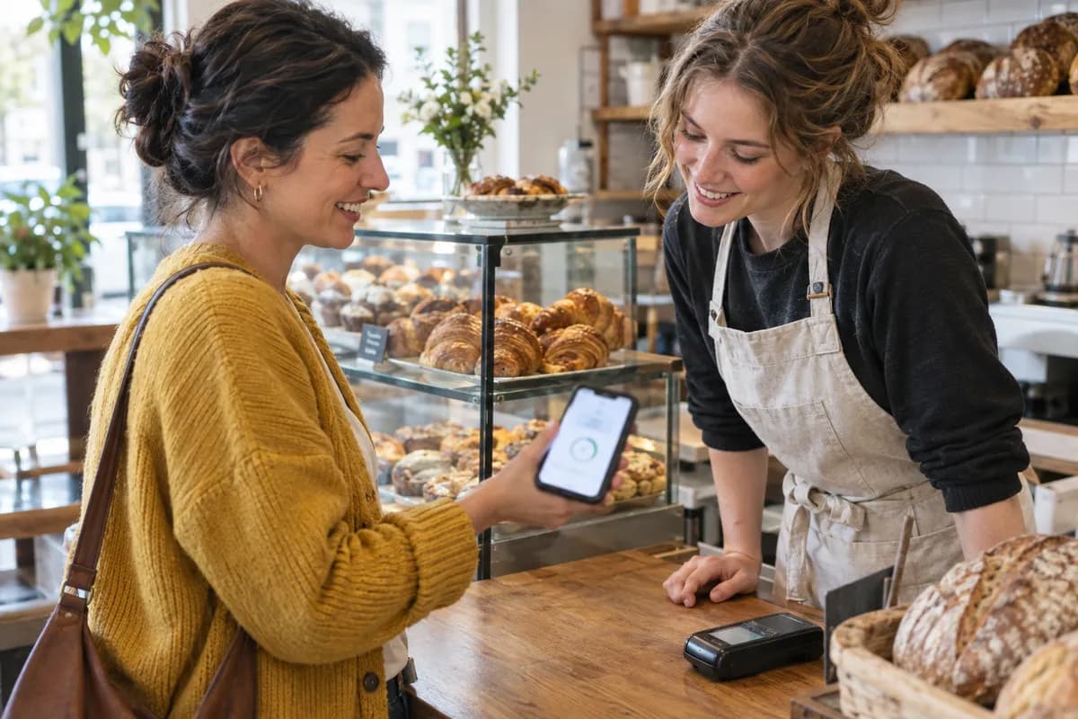 A customer at a bakery counter holds up her phone showing a coupon with a countdown timer while the cashier rings her up
