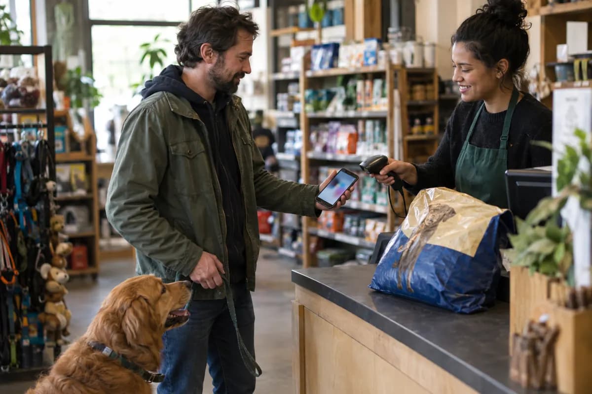 A man with his dog shows a coupon on his phone to the cashier at an independent pet supply store