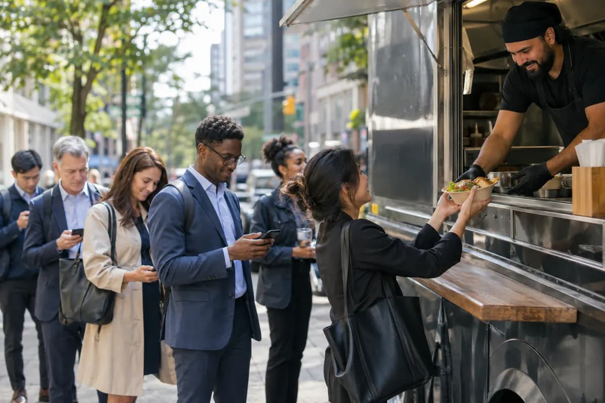 A lunchtime crowd lines up at a food truck, several checking their phones
