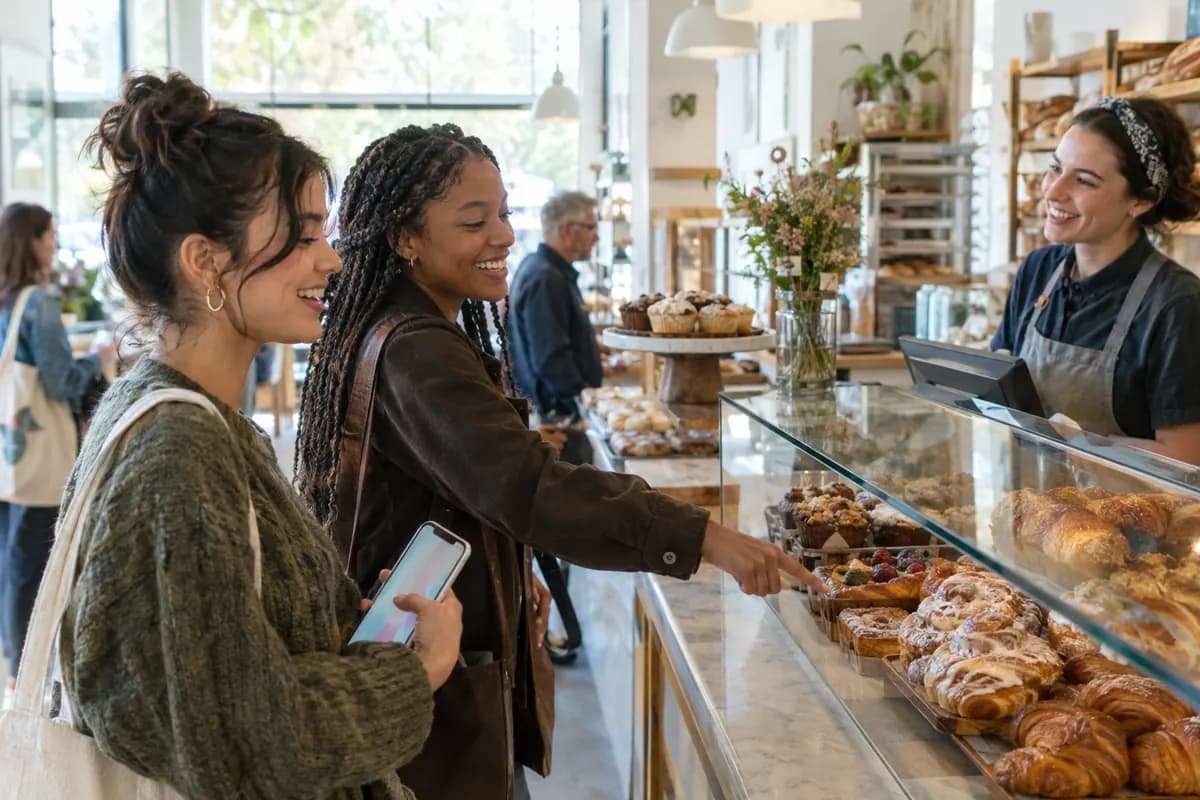 Two friends arrive together at a bakery counter, one holding her phone