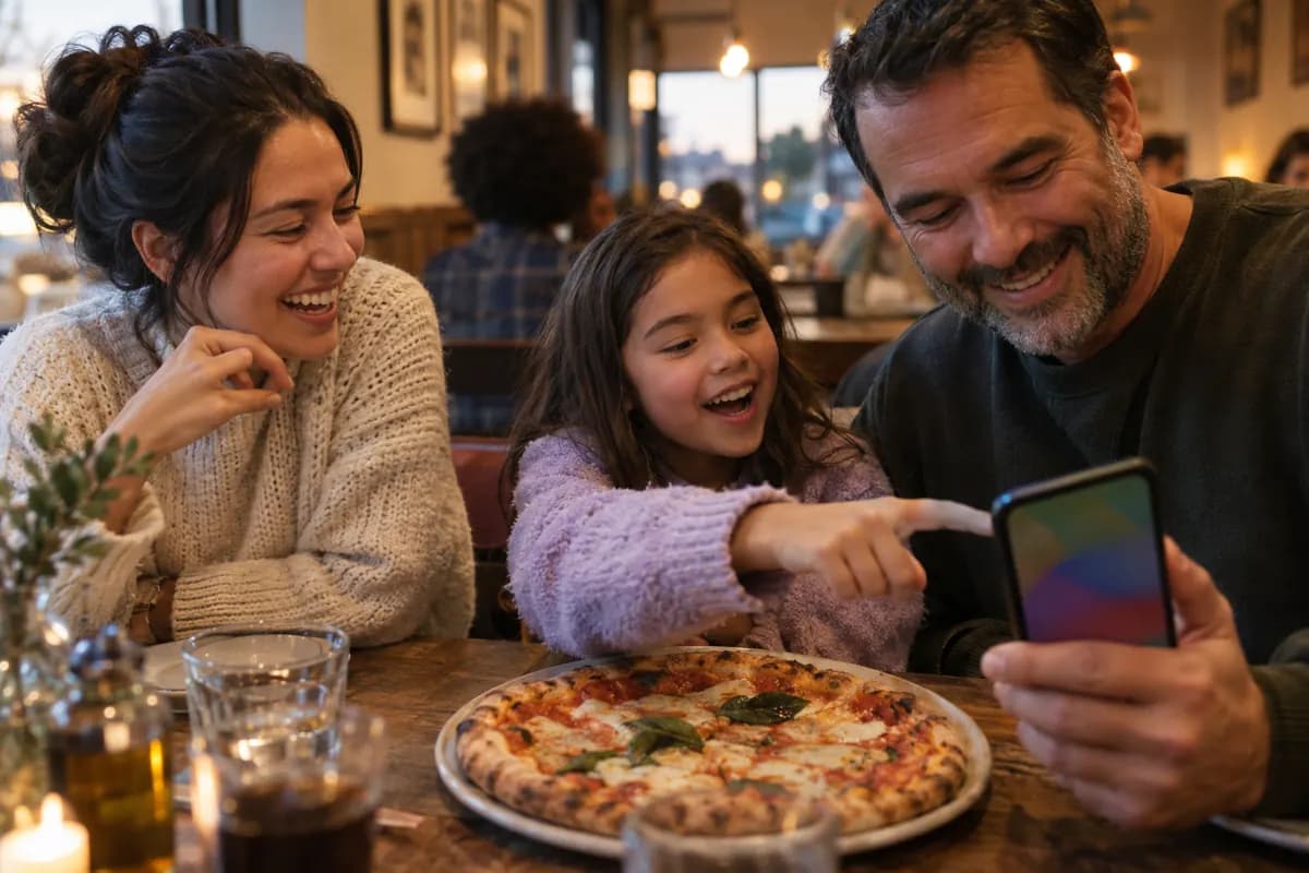 A girl excitedly points at her father's phone at a family pizza dinner