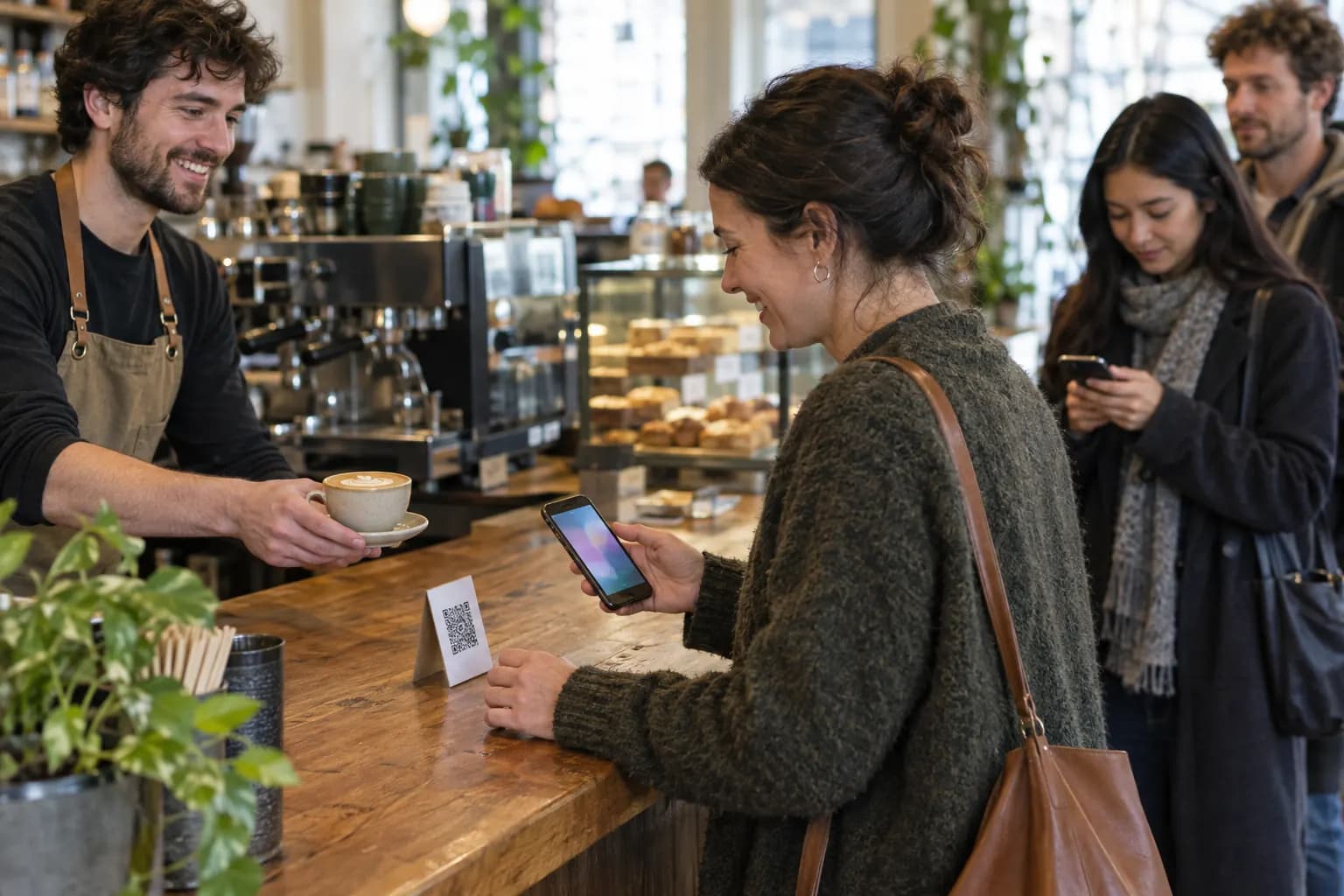 At a busy coffee shop counter, a customer scans a QR card with her phone as the barista hands her a latte
