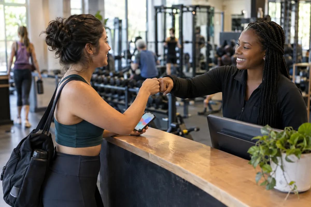 A gym member scans her phone at check-in while a staff member gives her a fist bump