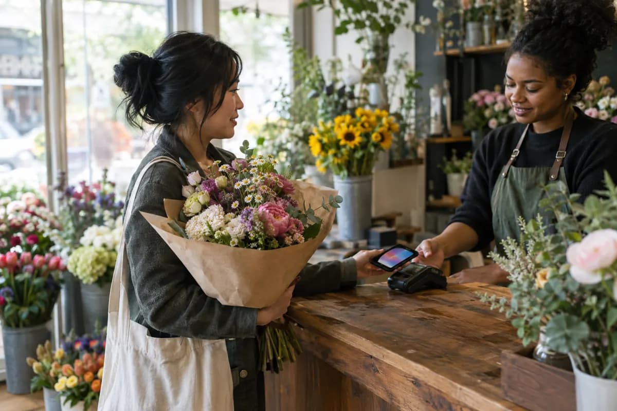 A customer holding a fresh bouquet pays with her phone at a small florist's counter