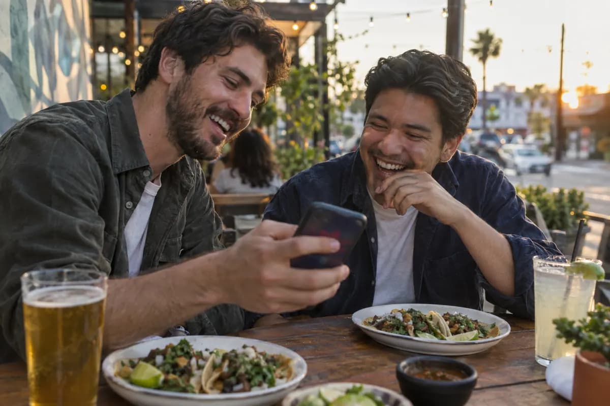 Two friends laughing at an outdoor taco restaurant as one shows the other something on his phone