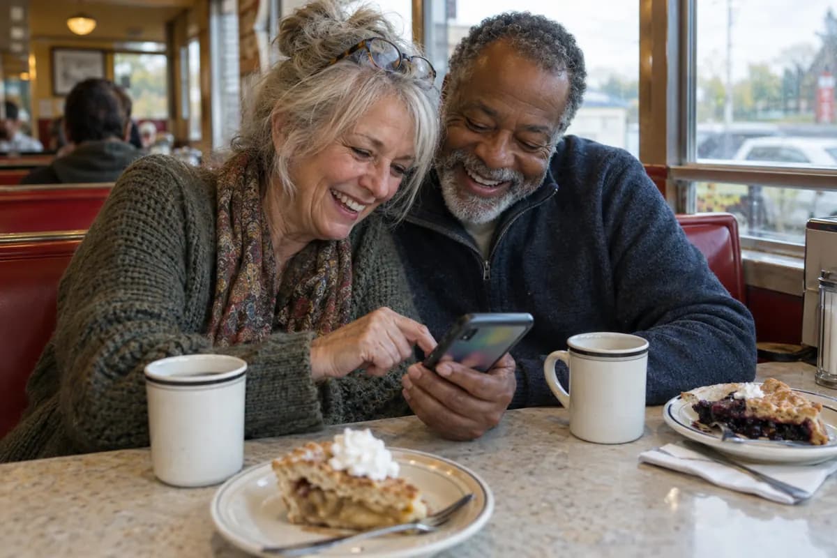 An older couple in a diner booth laughing together over a game on a phone