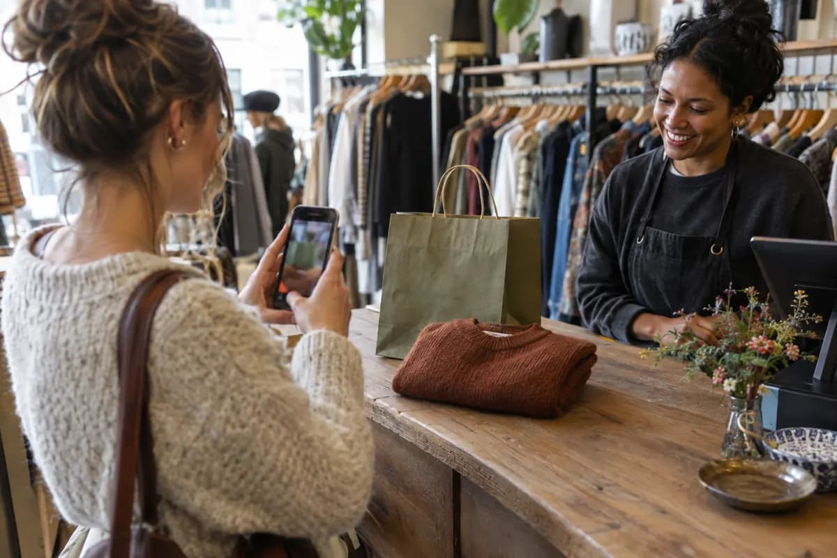 A shopper photographs her new purchase on the counter of a small clothing boutique
