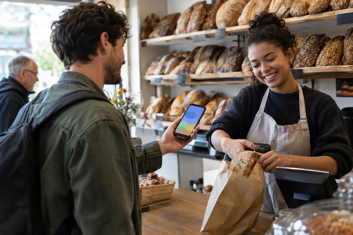 At a bakery register, a customer shows a reward on his phone to the smiling cashier