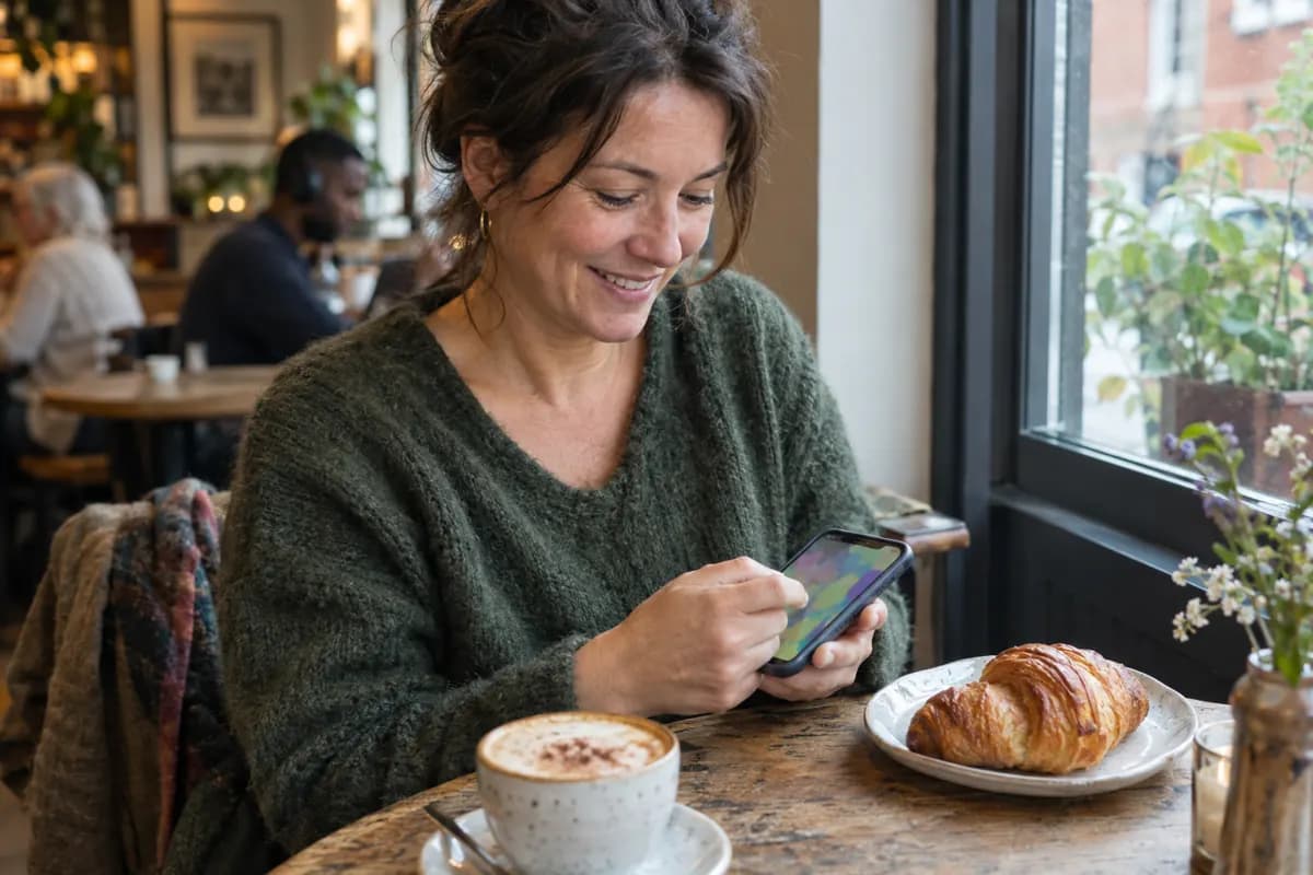 At a café table, a woman smiles as she plays a scratch-card game on her phone beside a cappuccino and a croissant