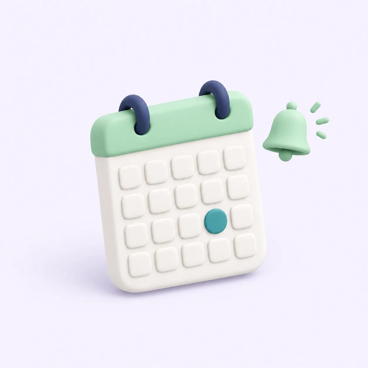A white calendar block with a mint header, one teal highlighted day and a small mint bell. Soft three-dimensional illustration in Promotedly's mint, teal and navy palette.