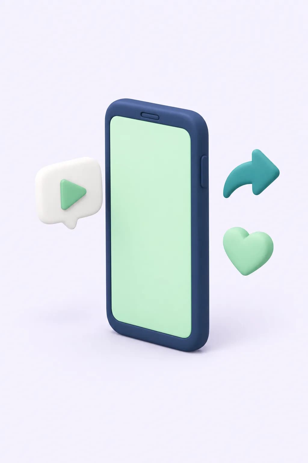 A navy smartphone standing upright with a mint screen, a white play bubble, a teal share arrow and a mint heart. Soft three-dimensional illustration in Promotedly's mint, teal and navy palette.