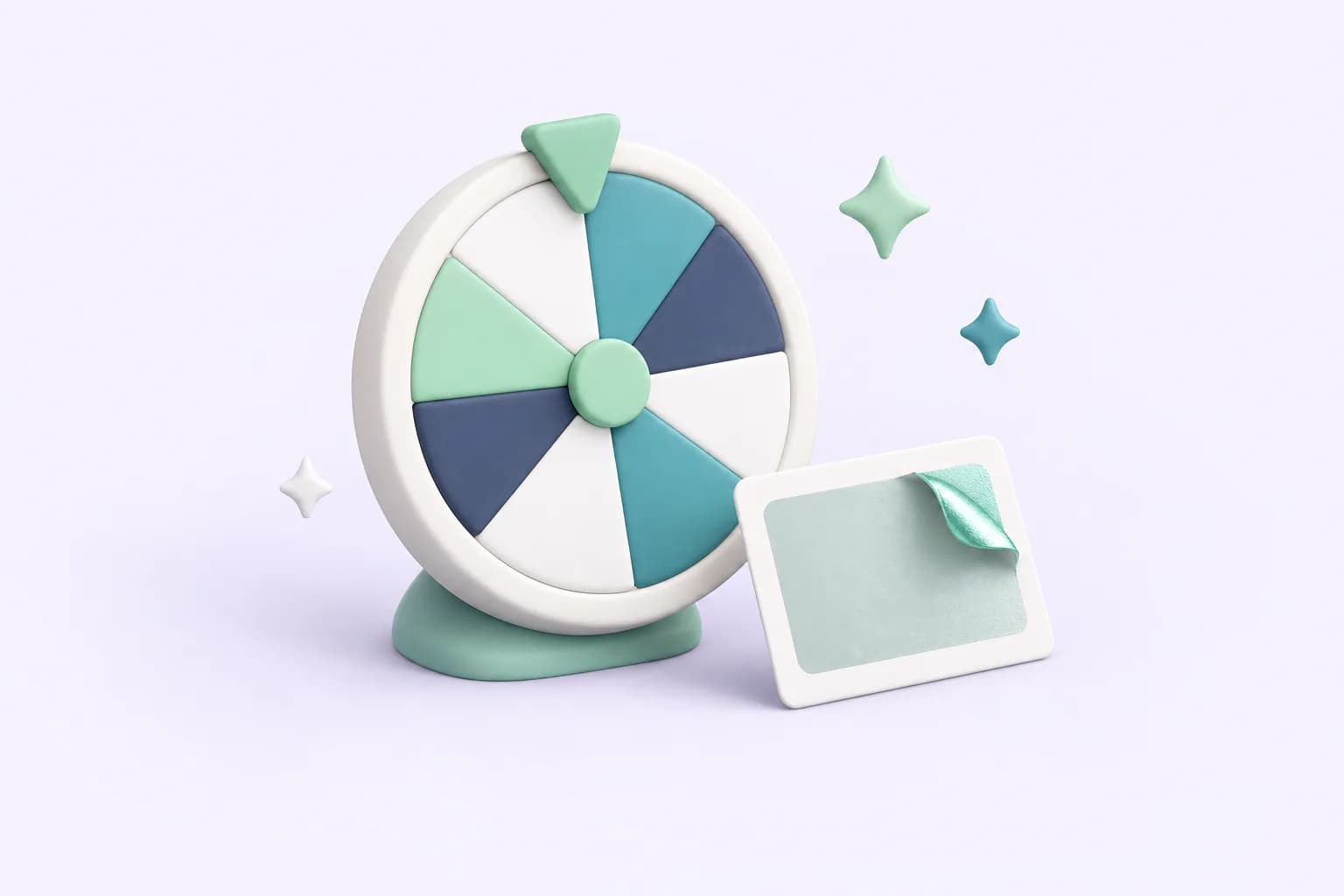 A tilted prize wheel with mint, teal, navy and white segments beside a scratch card. Soft three-dimensional illustration in Promotedly's mint, teal and navy palette.