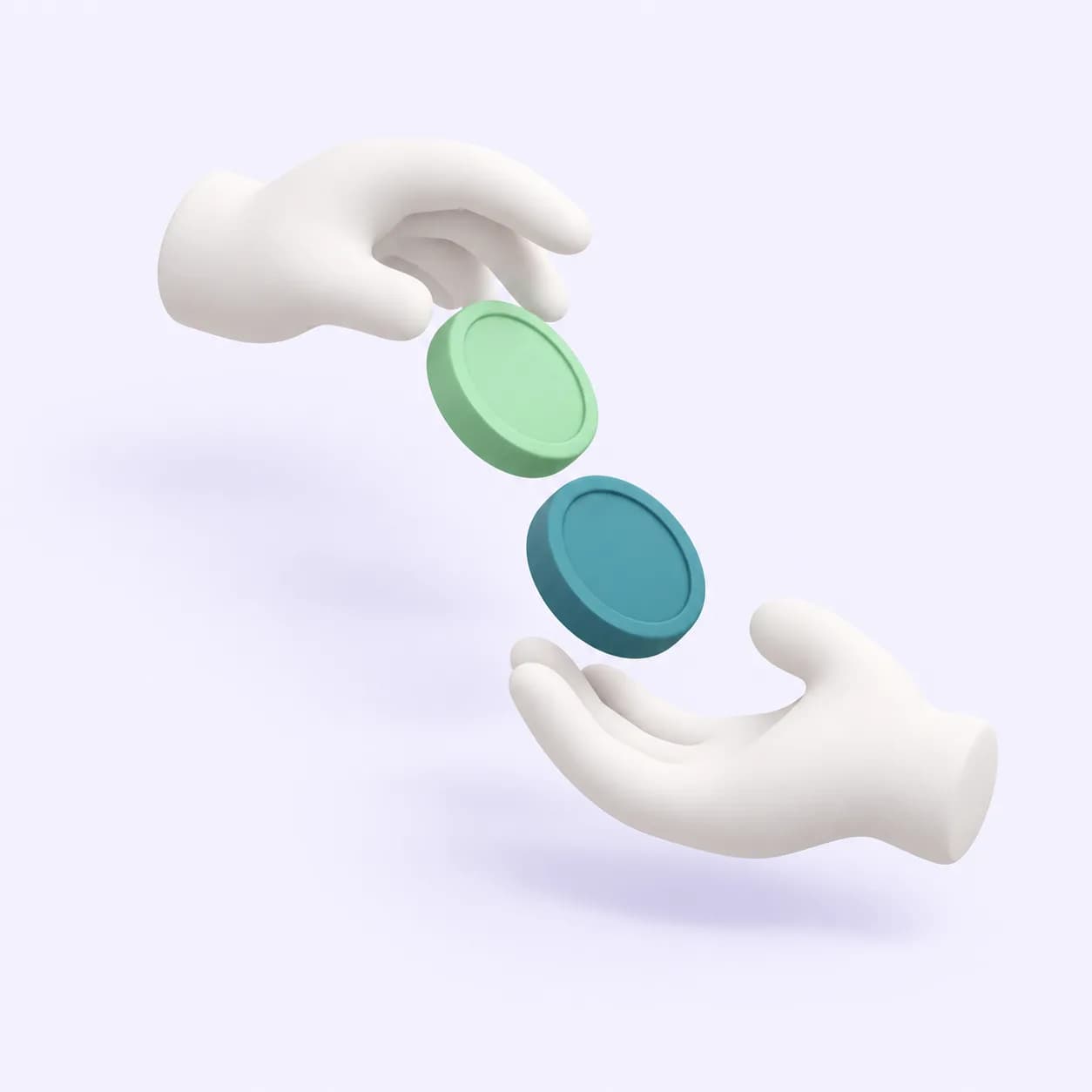 A mint coin and a teal coin passing between two white open hands. Soft three-dimensional illustration in Promotedly's mint, teal and navy palette.