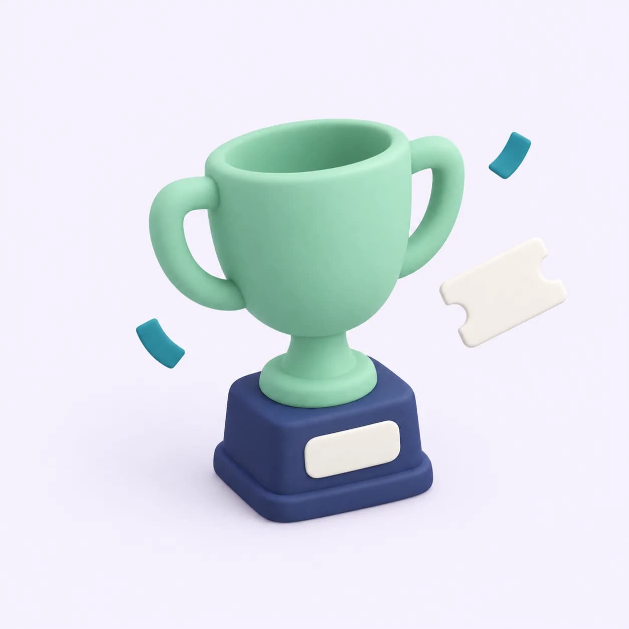 A mint trophy on a navy base with a white ticket stub and teal confetti. Soft three-dimensional illustration in Promotedly's mint, teal and navy palette.
