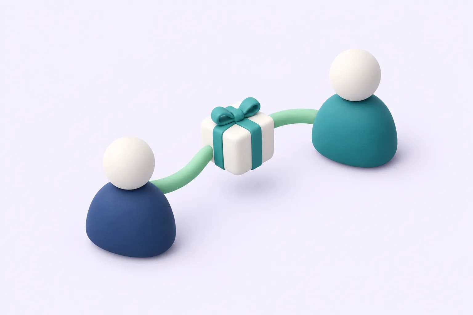 Two rounded figures connected by a mint link, passing a white gift box. Soft three-dimensional illustration in Promotedly's mint, teal and navy palette.