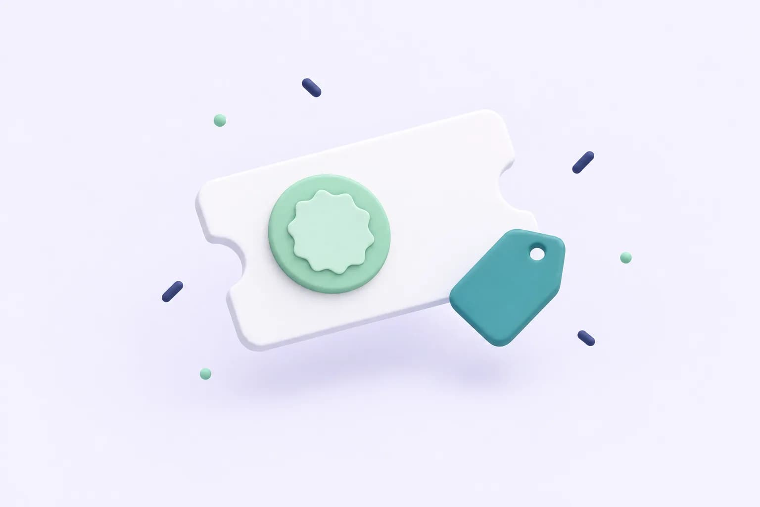 A white coupon ticket with a mint seal and a teal price tag. Soft three-dimensional illustration in Promotedly's mint, teal and navy palette.