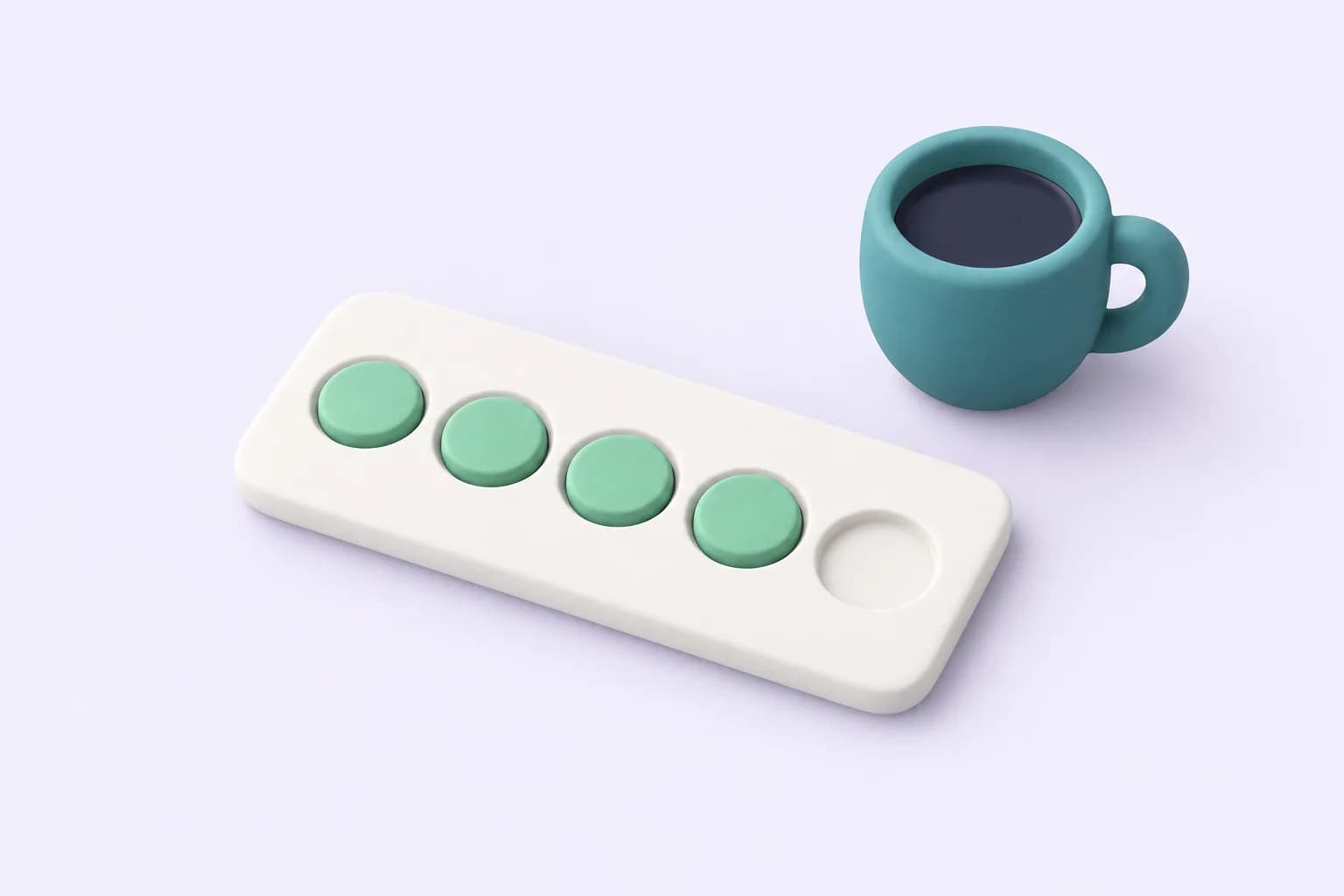 A white punch card with four mint stamp discs filled and one empty, beside a teal coffee cup. Soft three-dimensional illustration in Promotedly's mint, teal and navy palette.