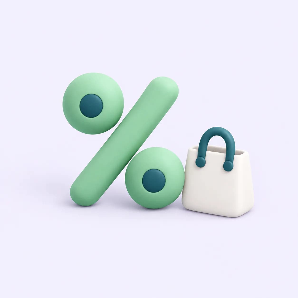 A large mint percent symbol beside a small white shopping bag. Soft three-dimensional illustration in Promotedly's mint, teal and navy palette.