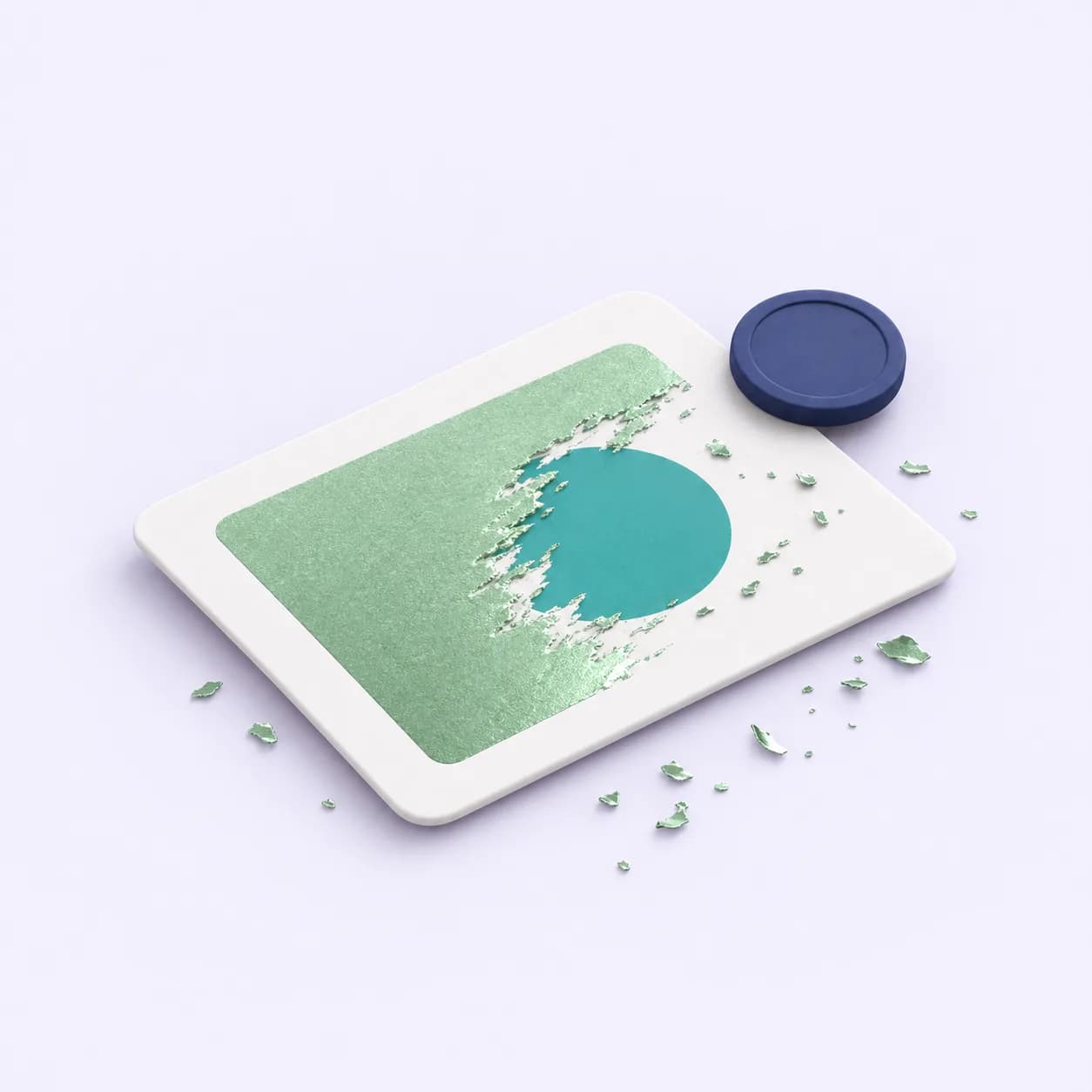 A white scratch card with a mint foil panel half scratched away revealing a teal circle. Soft three-dimensional illustration in Promotedly's mint, teal and navy palette.