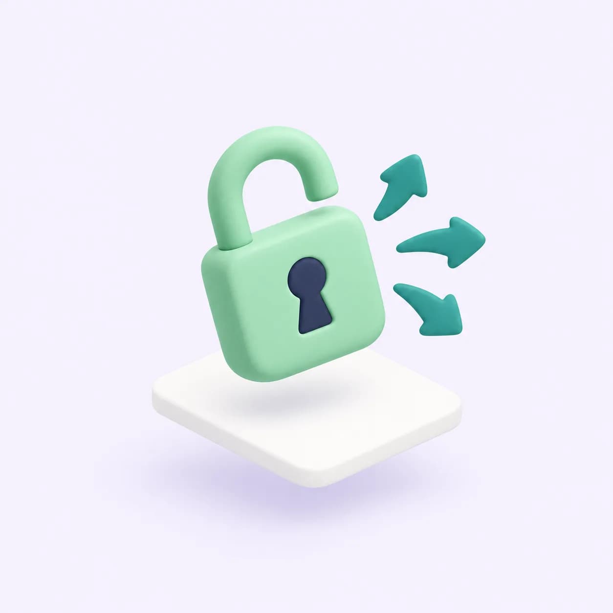 A mint open padlock floating above a white card with three teal share arrows radiating outward. Soft three-dimensional illustration in Promotedly's mint, teal and navy palette.