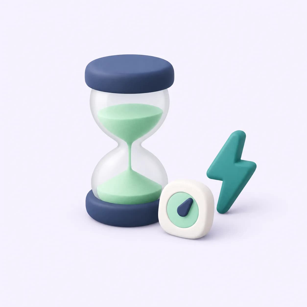 An hourglass with mint sand beside a small timer and a teal lightning bolt. Soft three-dimensional illustration in Promotedly's mint, teal and navy palette.