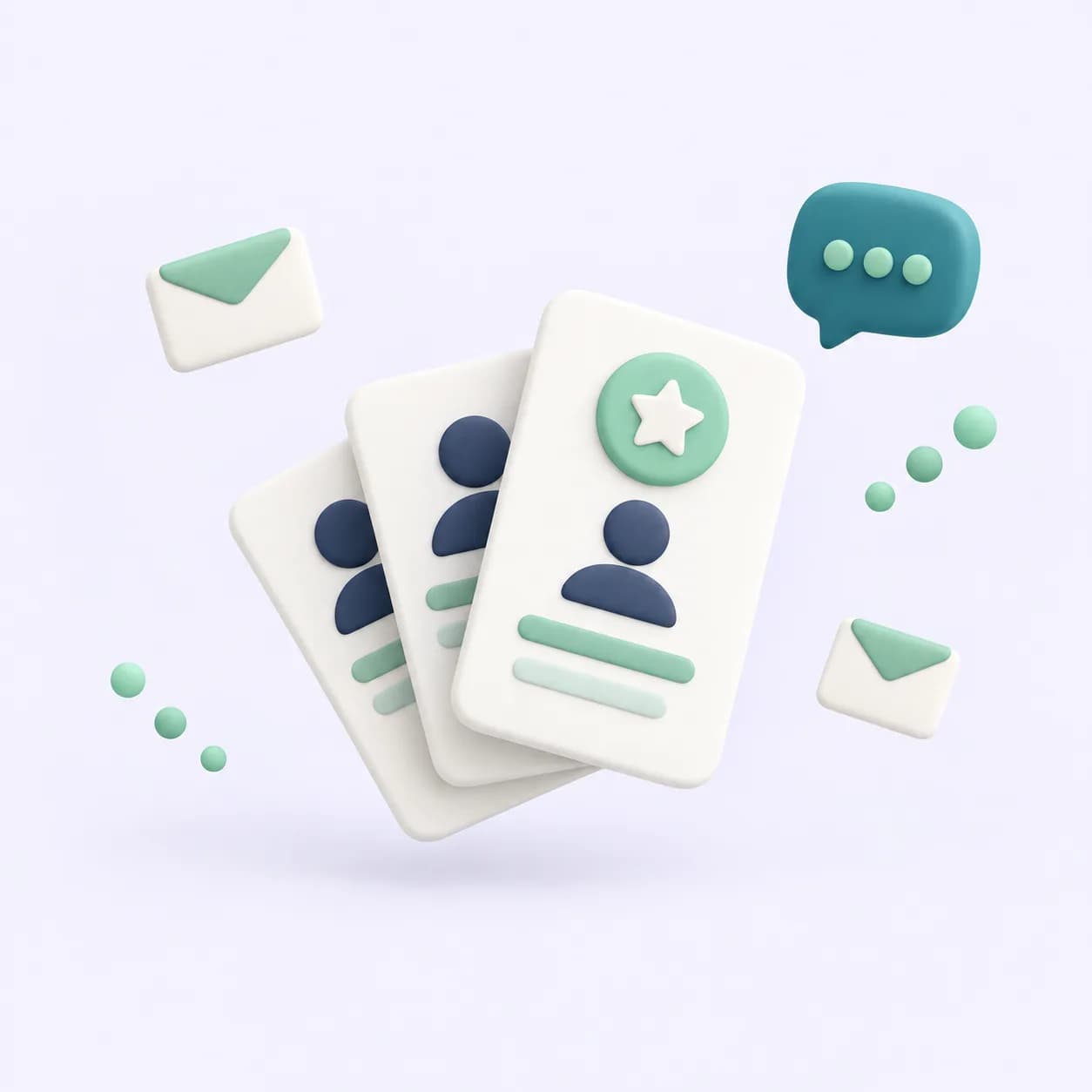 A soft three-dimensional illustration of a phone surrounded by floating reward cards, envelopes and message bubbles in mint, teal and navy